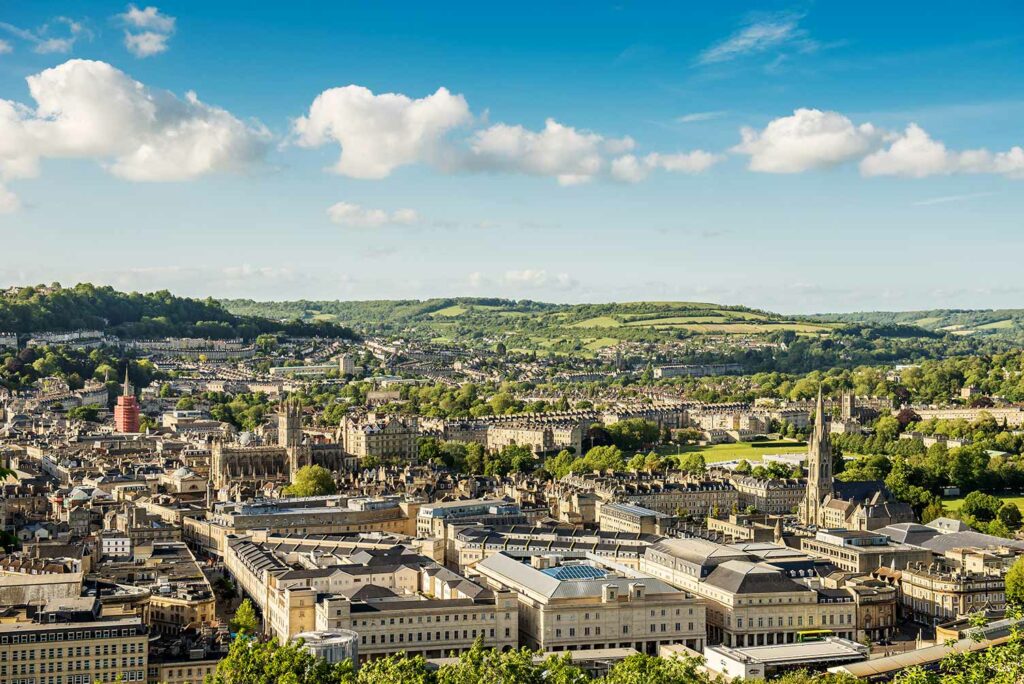 skyline of city of Bath and Roman style architecture.