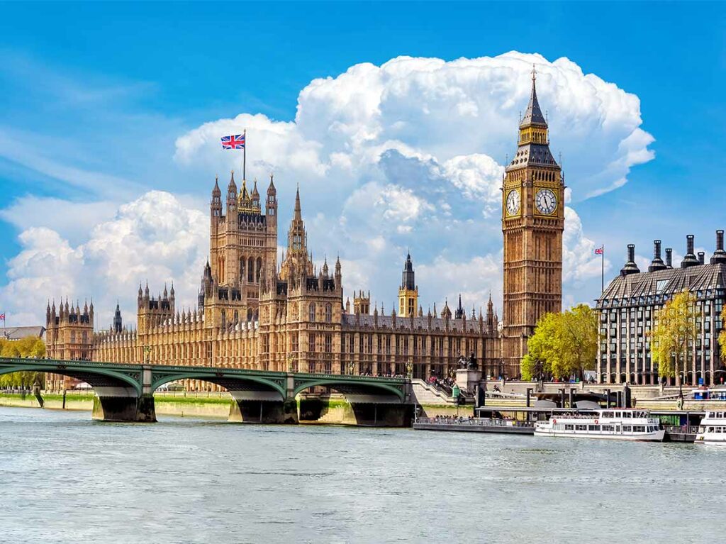 Image of Big Ben and houses of parliament from across the Thames river.