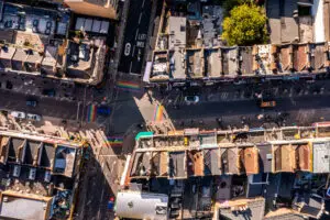 Aerial view of Camden Lock Market in London, showcasing the vibrant and bustling marketplace filled with shops and street vendors